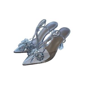 Silver rhinestone embellished bow heels with ankle strap